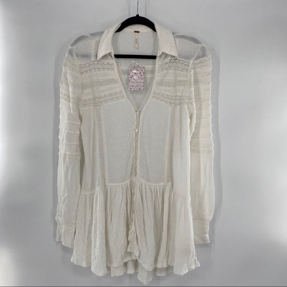Free People NWT Set To Stun Tunic Top Long Sleeve V Neck Hi Low White Small New - Picture 2 of 7